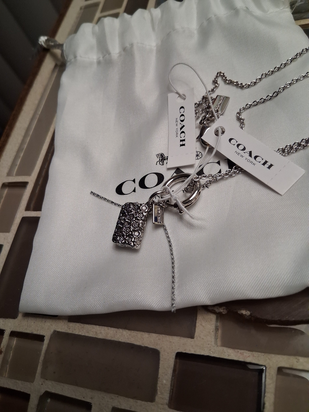 Retired Coach Silver Crystal Pendant Necklace with Logo Pouch - Picture 7 of 13